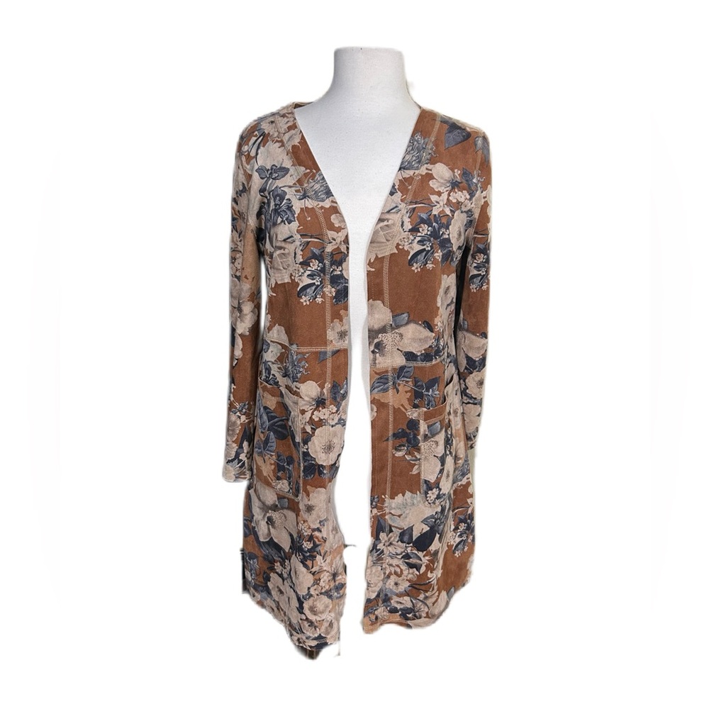 Solitaire Anthropologie Vegan Suede Floral Duster Jacket Coat Gold Tan Small